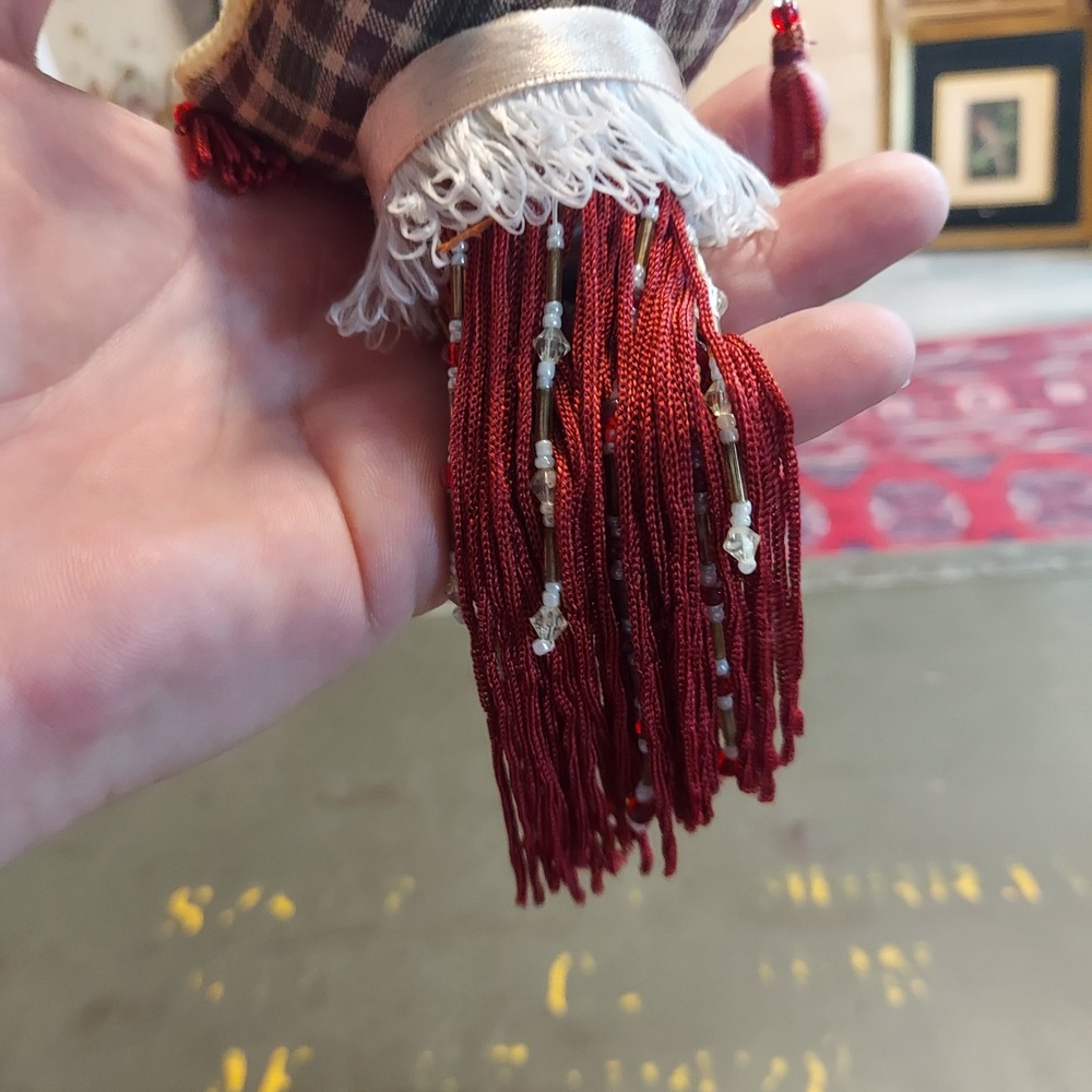 Vintage Style White Poodle on Plaid Pillow Hanging Ornament Beaded Tassel 9" - Picture 4 of 5